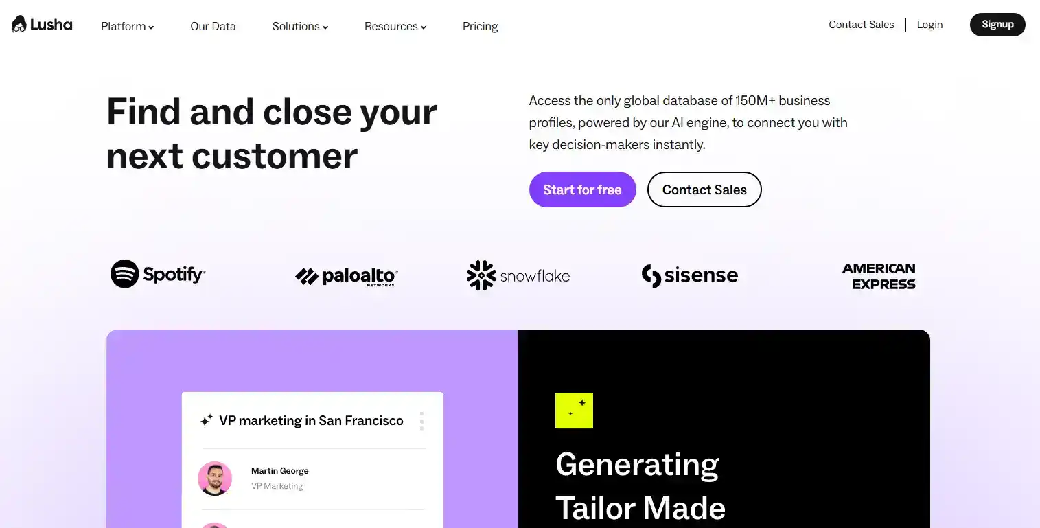 Lusha Sales Landing Page Example