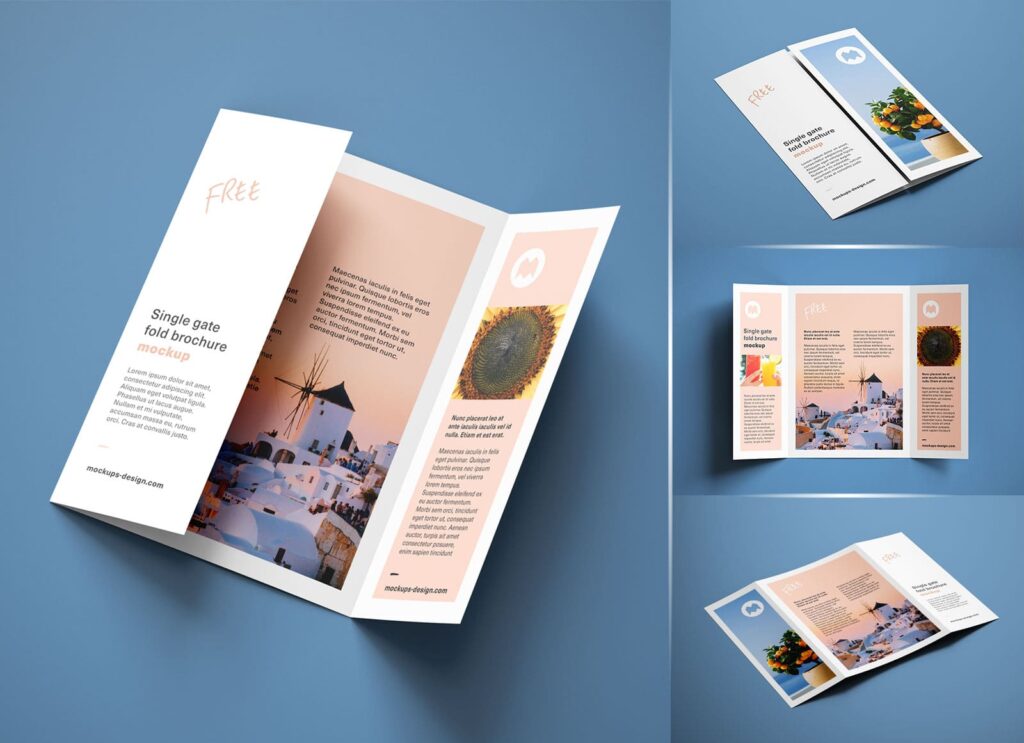 Free A4 Single Gate Fold Brochure Mockup Psd Set Min