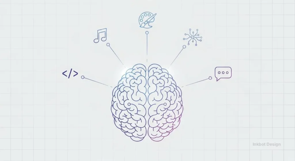 Stylized Brain In The Center Connected By Lines To Icons For Coding, Music, Art, Science, And A Chat Bubble.