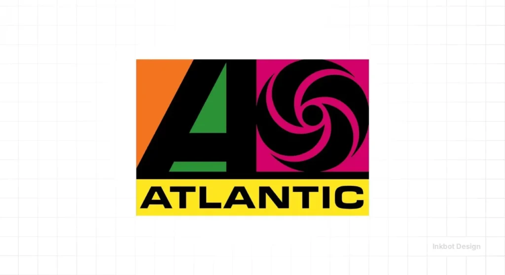 Atlantic Logo: Orange Left Panel, Magenta Swirl On The Right, Green Triangle, And Yellow Atlantic Text