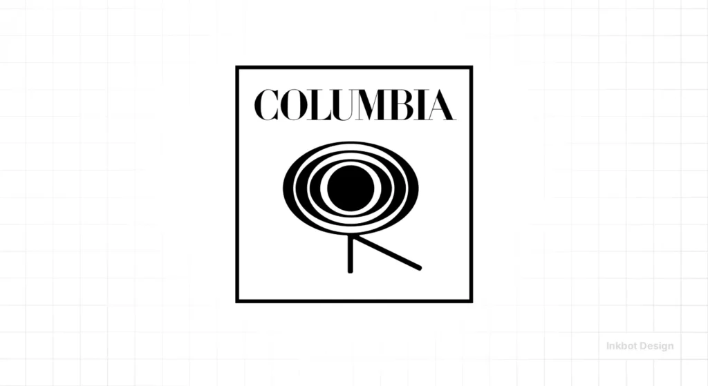Columbia Logo Inside A Square Frame With Concentric Rings Forming A Spiral, A Stem And Diagonal Line, And The Word Columbia