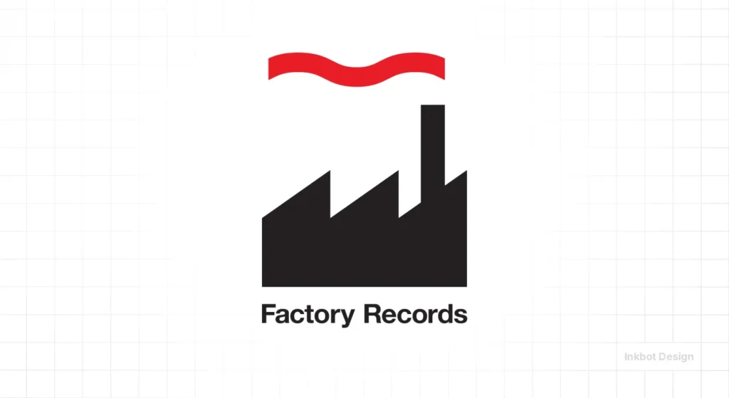 Factory Records Logo Featuring A Black Factory Silhouette With A Red Curved Line Above And The Text Factory Records Beneath.