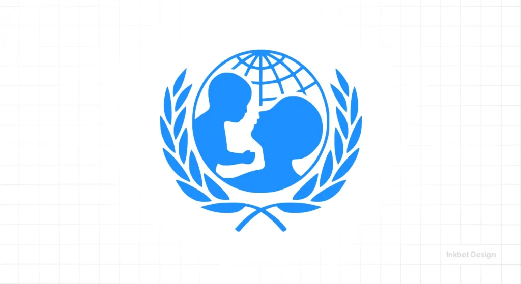 Logo Showing A Blue Globe With A Child And Adult Silhouettes Inside A Laurel Wreath, Inkbot Design Watermark.
