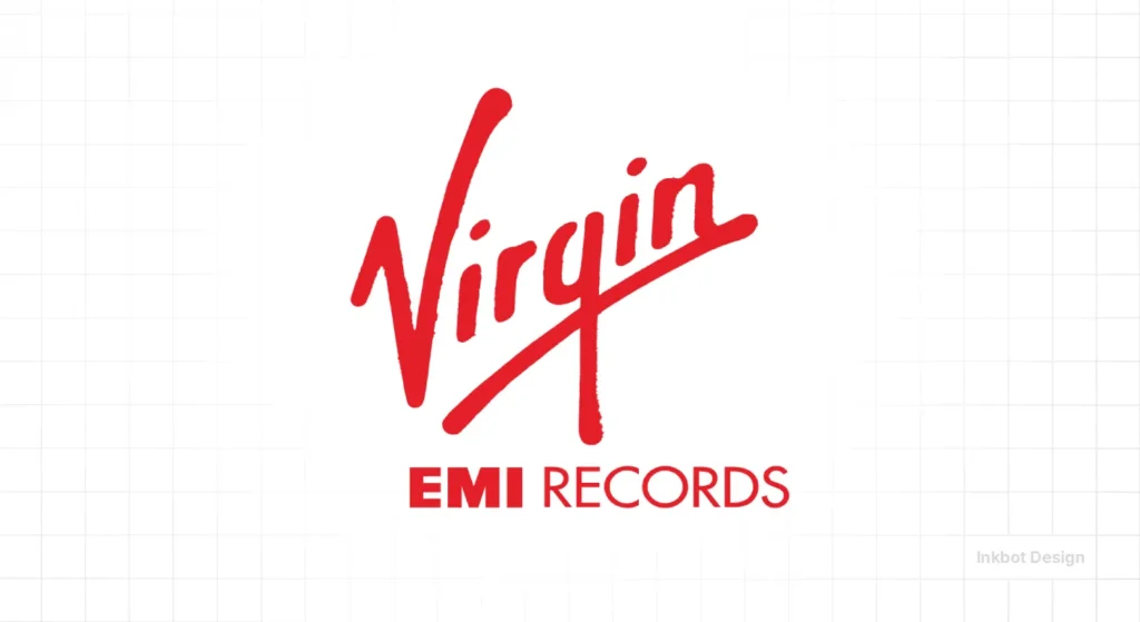 Virgin Emi Records Logo With Red Virgin Script And Red Emi Records Text On White Background