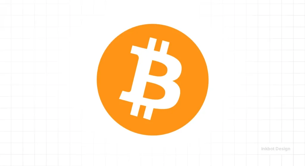 Bitcoin Logo On Orange Circle, Bold Flat Design; Watermark Inkbot Design.