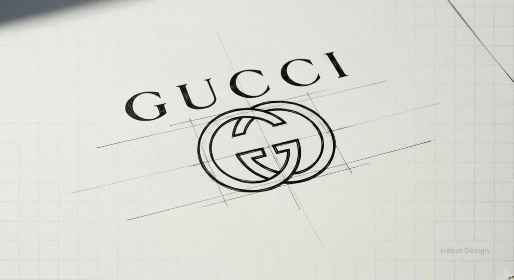 Gucci Logo Sketch, Interlocking Gs In A Hand-Drawn Blueprint Style, Inkbot Design Watermark.