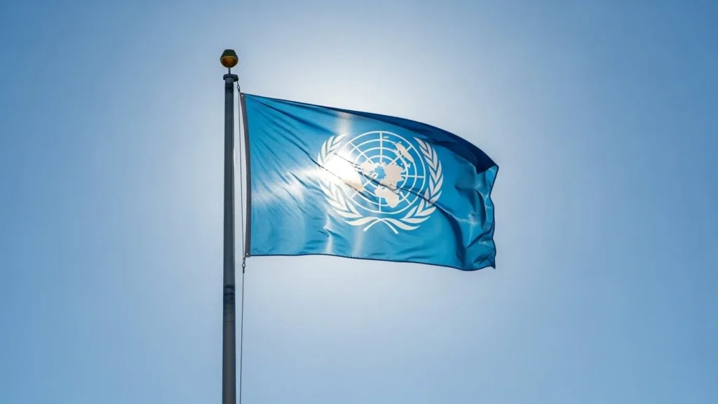 United Nations Flag, Blue Field With White World Map Surrounded By Olive Branches, Fluttering On A Flagpole.