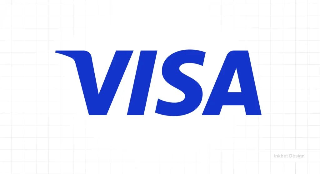 Visa Logo, Bold Blue Sans-Serif Wordmark On White Background With Subtle Grid Pattern.