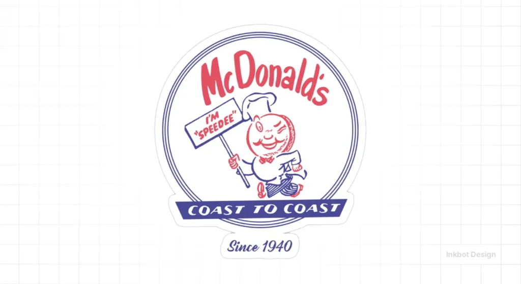 Vintage Mcdonald's Logo Featuring Speedee The Mascot Running With A Sign That Reads I'm Speedee, Inside A Circular Blue Ring With A Coast To Coast Banner And Since 1940 Below