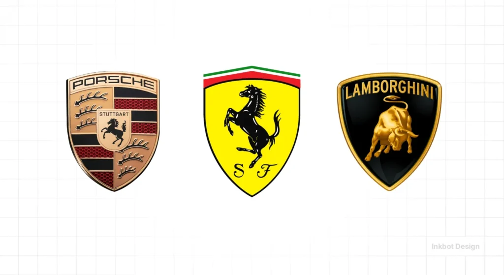 Porsche, Ferrari, And Lamborghini Logos Arranged In A Row On A White Background.