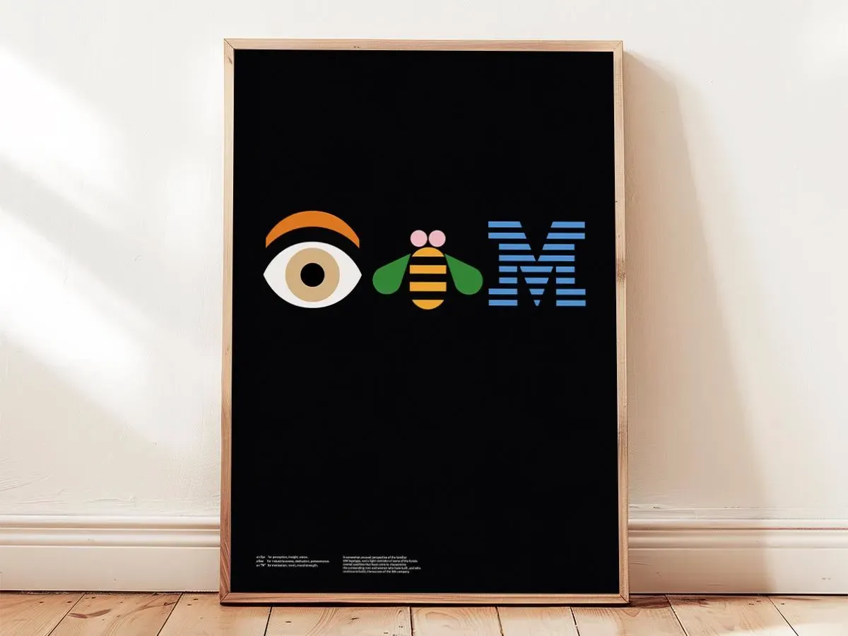 Ibm Eye, Bee, And Striped M Pictogram On Black Background In A Playful Flat Design.