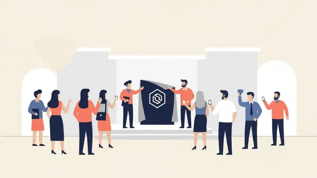 Audience Watches As Two Men On A Stage Pull Back A Curtain To Reveal A Dark Panel With A Geometric Logo, While Others Photograph The Moment.