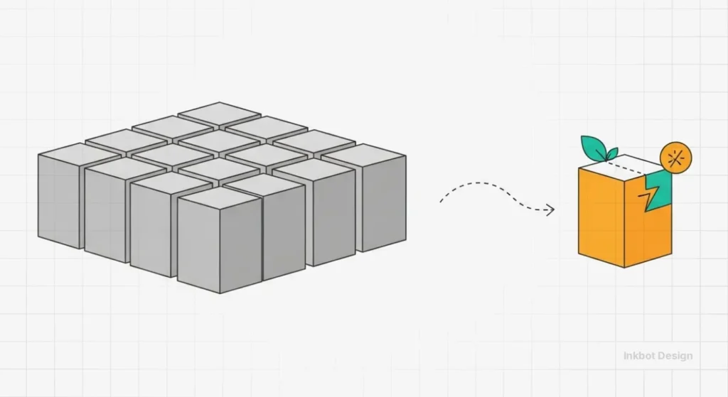 Rows Of Gray Cubes On The Left Connected By A Dashed Arrow To A Small Orange Juice Carton With A Leaf.