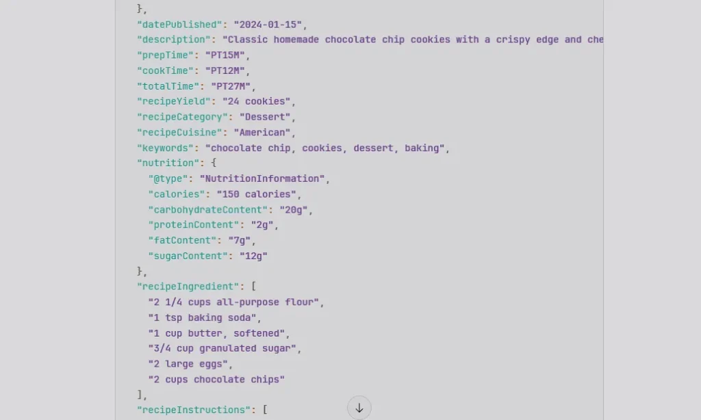 Json Recipe Data For Classic Chocolate Chip Cookies Showing Datepublished 2024-01-15, Preptime Pt15M, Keywords Cookies.