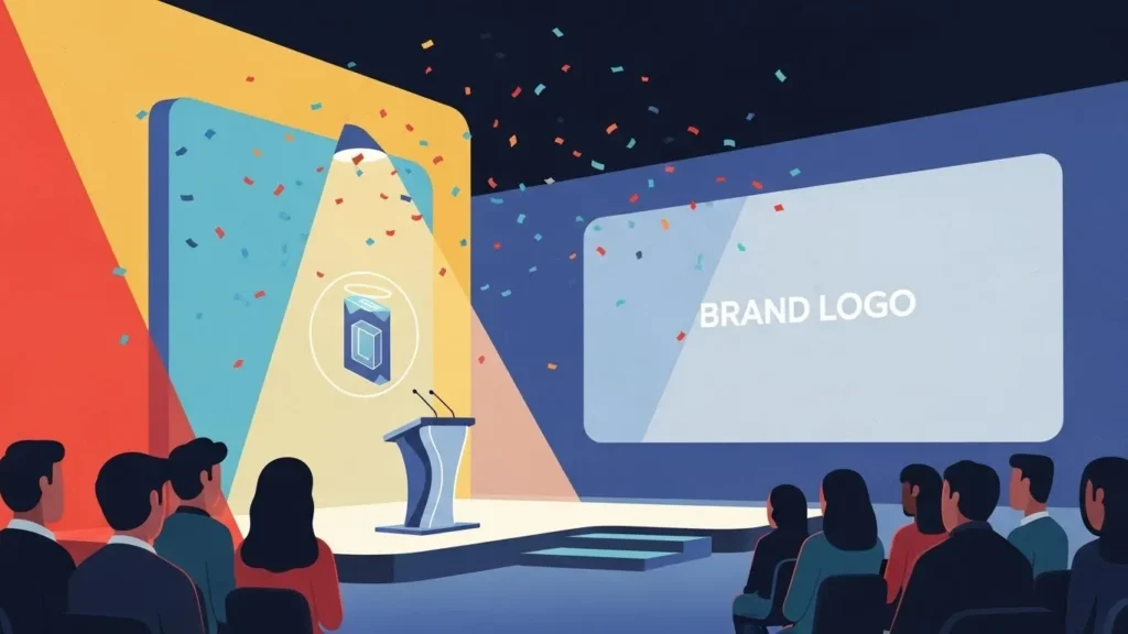 Conference Stage With Podium And A Large Screen Displaying Brand Logo, An Audience, And Confetti Around A Glowing Cube Icon On A Circular Badge