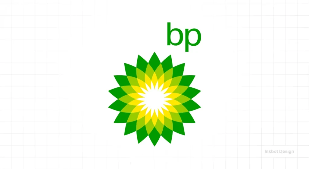Bp Logo, Green-Yellow Radial Flower Emblem In A Modern Geometric Style.