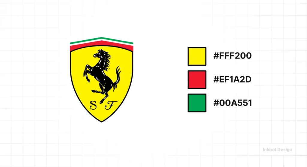 Ferrari Logo, Yellow Shield With A Black Prancing Horse And A Green-White-Red Top Stripe, Inkbot Design Watermark.