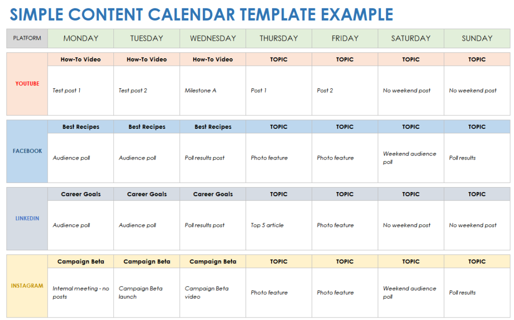 Simple Content Calendar Template Example