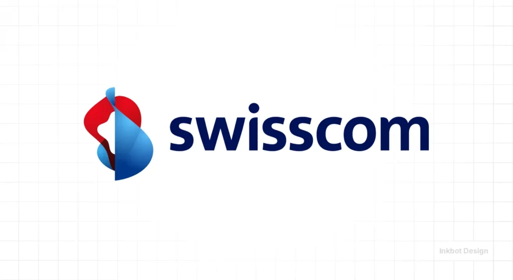 Swisscom Logo With Swisscom Wordmark And Abstract Red-Blue Emblem On A White Grid Background.