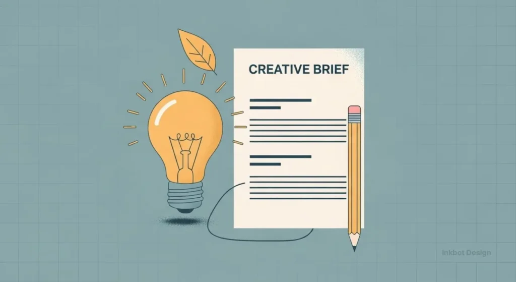 Light Bulb Beside A Document Labeled Creative Brief And A Pencil On A Teal Grid Background.