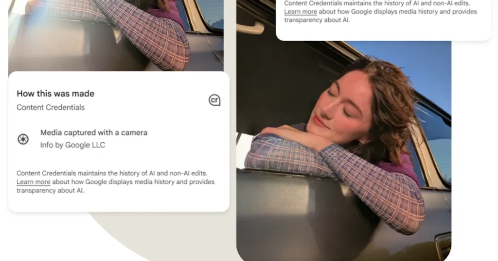 Content Credentials Watermark Overlays A Woman Resting On A Car Window, Wearing A Plaid Shirt, Outdoors.