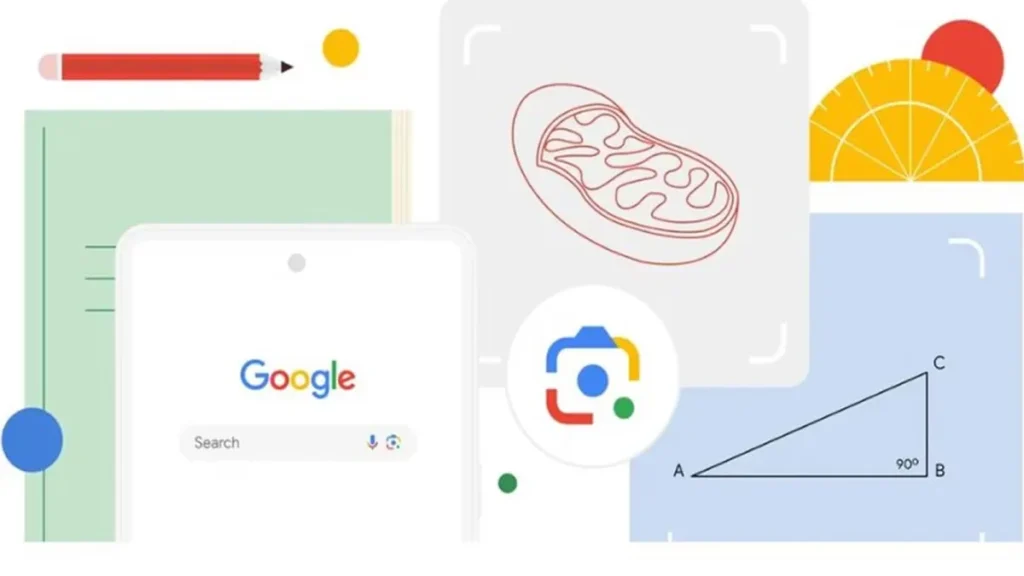 Google Design Collage With Pencil, Device, Brick Shapes, And Geometry Diagrams In Pastel Colors.