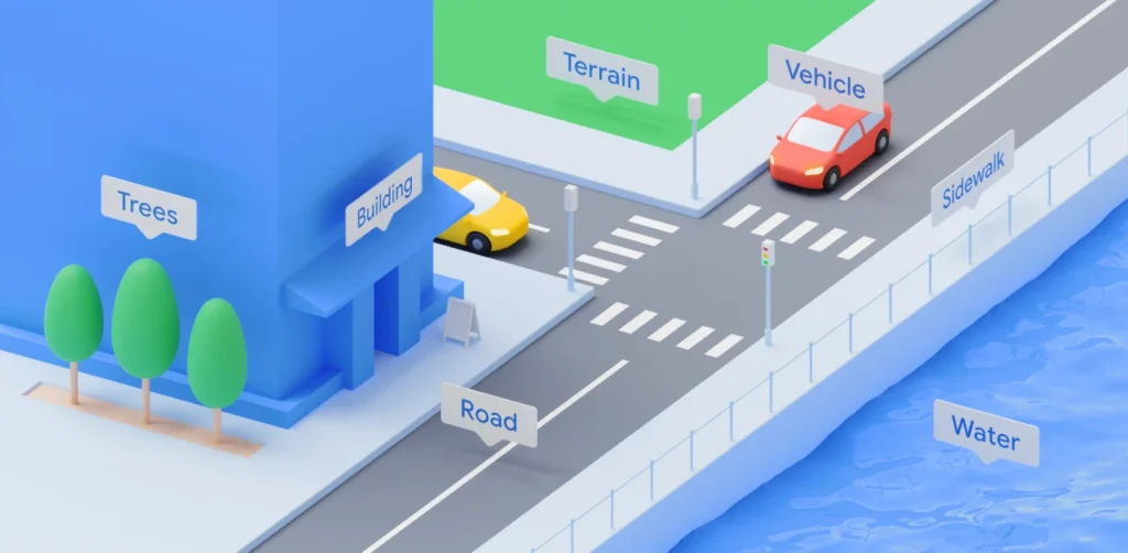 Terrains Building Label And Roadway Labeled Scene With Trees, Water, And Vehicles In A Stylized Urban Layout.