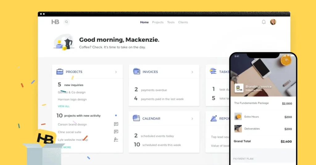 Dashboard With Good Morning, Mackenzie; Mobile Shows Branding Invoice For The Fundamentals Package $2,000, Grand Total $2,400