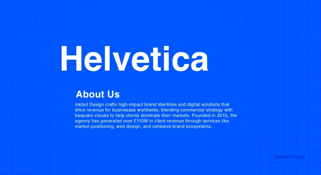Helvetica Bold Sans-Serif On A Bright Blue Grid Background, About Us Section Text And Paragraph.