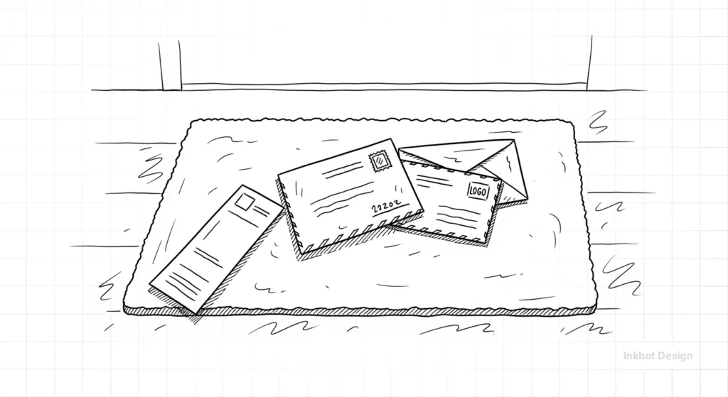 Logobrand Envelopes On A Rug-Like Surface With Documents, A Mailer, And A Logo Sketch In A Hand-Drawn Style.