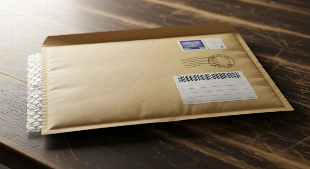Small Brown Padded Mailing Envelope With Barcode Label And Postal Stamp On A Wooden Surface.