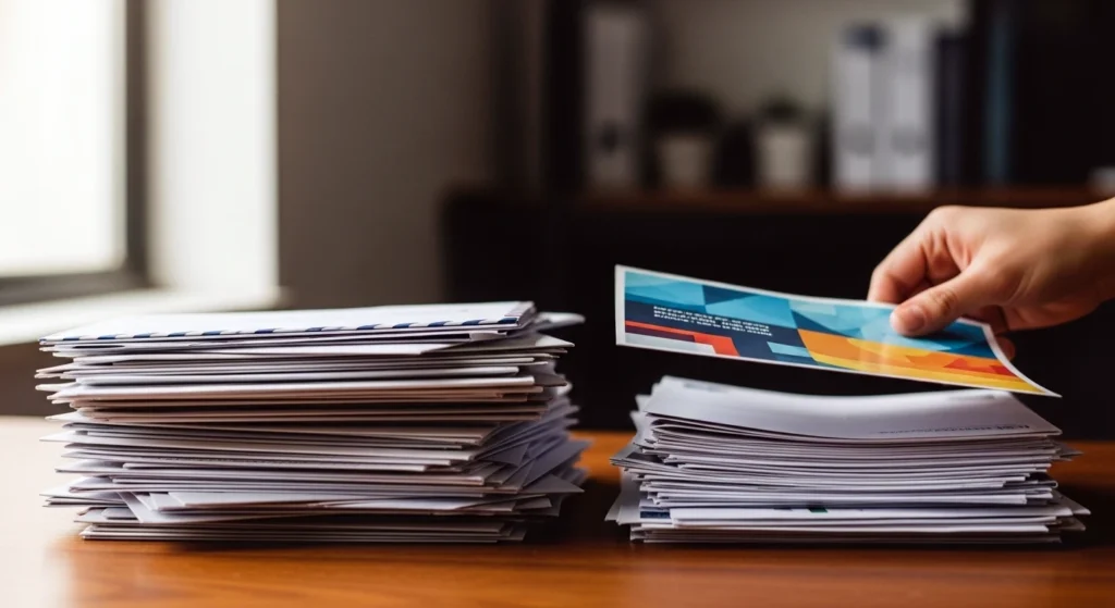 Brand On Scattered Documents And Hand Holding A Colorful Flyer, Business-Office Stack Of Papers In Foreground.