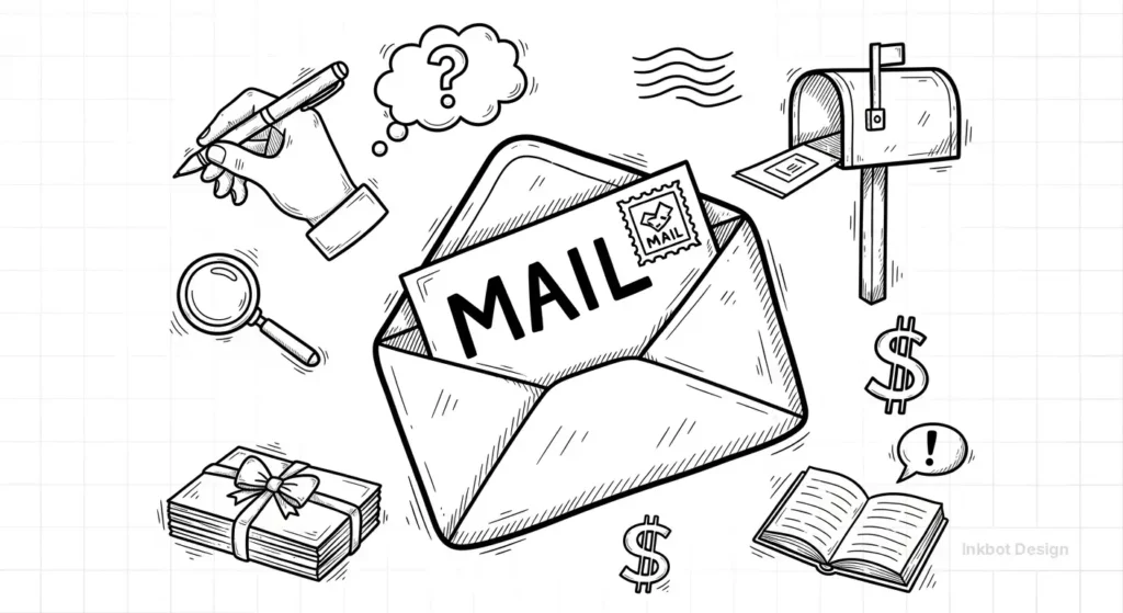 Mail Envelope With Associated Mail-Related Icons Including A Magnifying Glass, Hand With Pen, Mailbox, Stack Of Cash, Gift Box, Open Book, And Question Bubble.