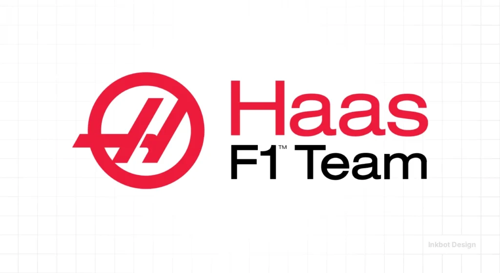 Haas F1 Team Logo, Modern Sans-Serif Branding With Red Wordmark And Circular Red Emblem.