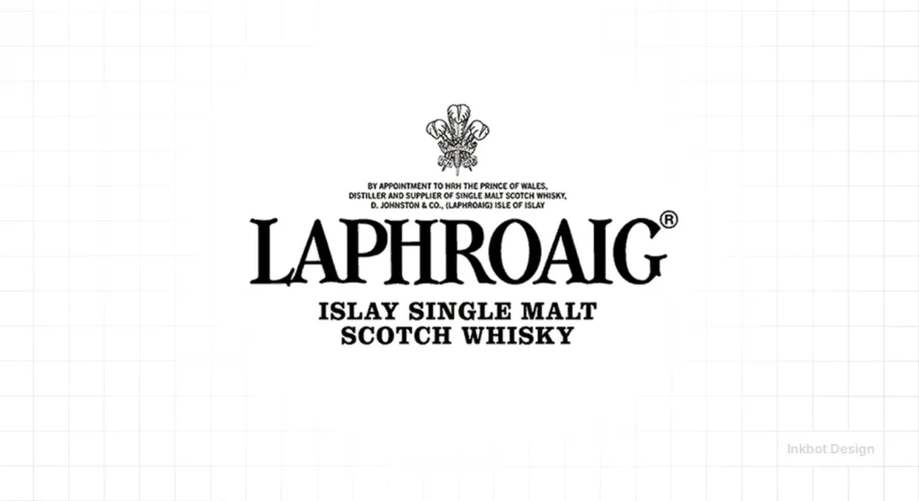 Laphroaig Islay Single Malt Scotch Whisky Logo With Classic Serif Typography And A Small Crest Above.