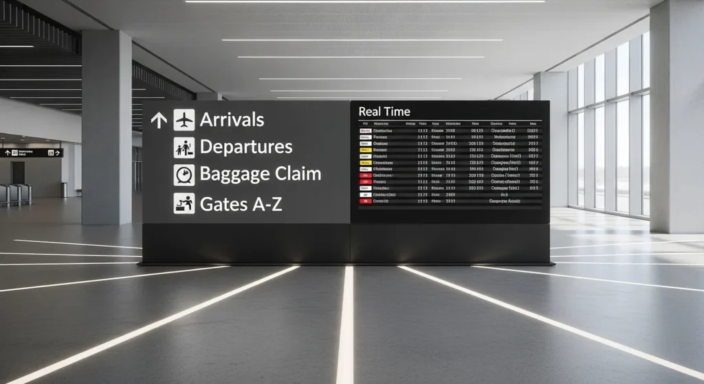 Real Time, An Airport Information Display In A Sleek Terminal, With Arrivals, Departures, Baggage Claim, Gates A-Z Panels.