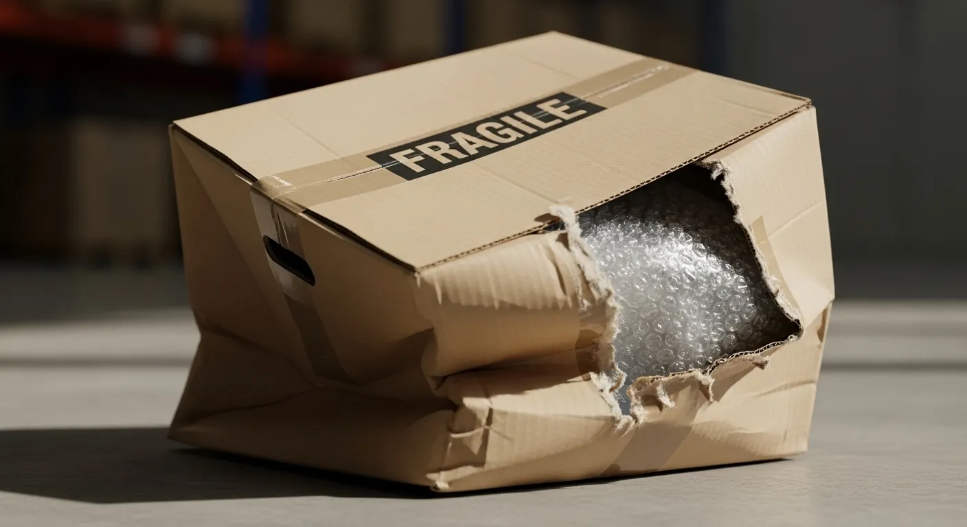 Fragile Cardboard Shipping Box With A Large Torn Hole Exposing Bubble Wrap, Taped Top, On A Warehouse Floor.