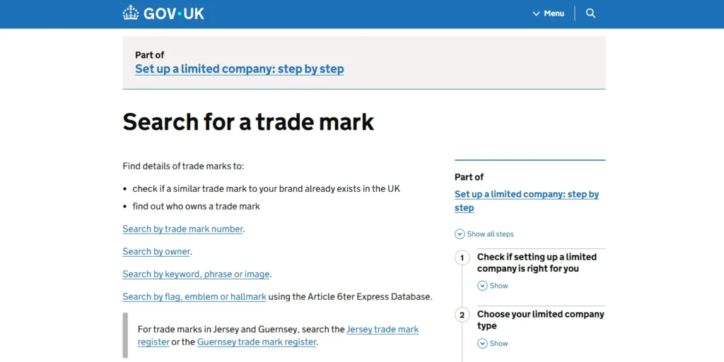 Gov.uk Search For A Trade Mark Page With Government Blue Header And Right-Hand Step-By-Step Panel.