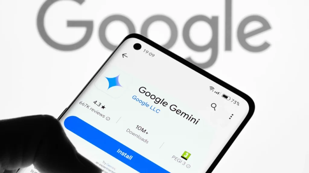 Google Gemini Google Llc App Listing On Google Play Store With Blue Install Button.