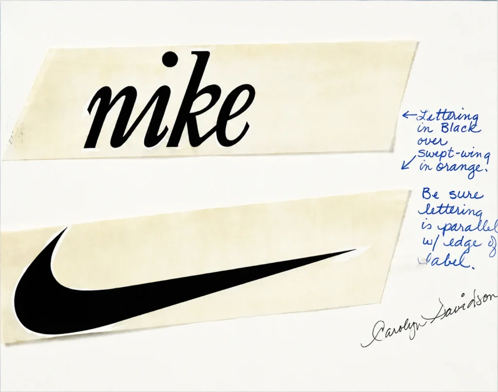 Nike Logo With Handwritten Notes About Lettering And A Large Black Swoosh, Designer Signature &Ldquo;Carolyn Stanford&Rdquo; Appears.