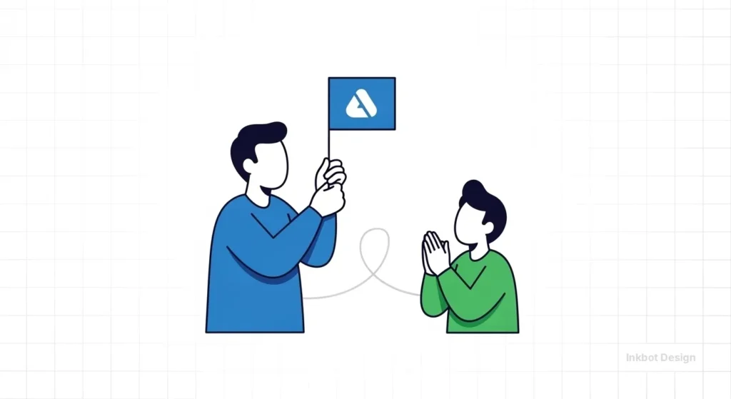 Blue-Shirt Person Holds A Blue Flag With A White Abstract Logo While A Green-Shirt Person Faces Them With Hands Together.