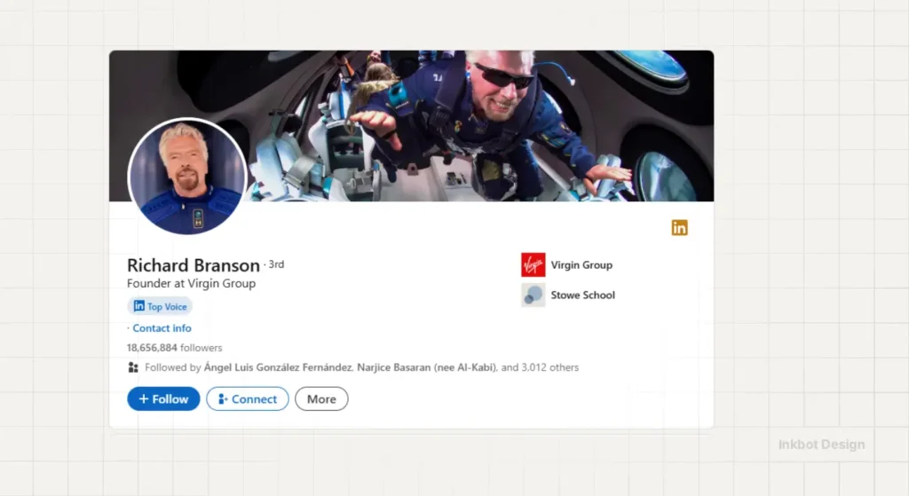 Richard Branson Linkedin Profile Header With Space-Themed Banner; Virgin Group, Stowe School Affiliations.