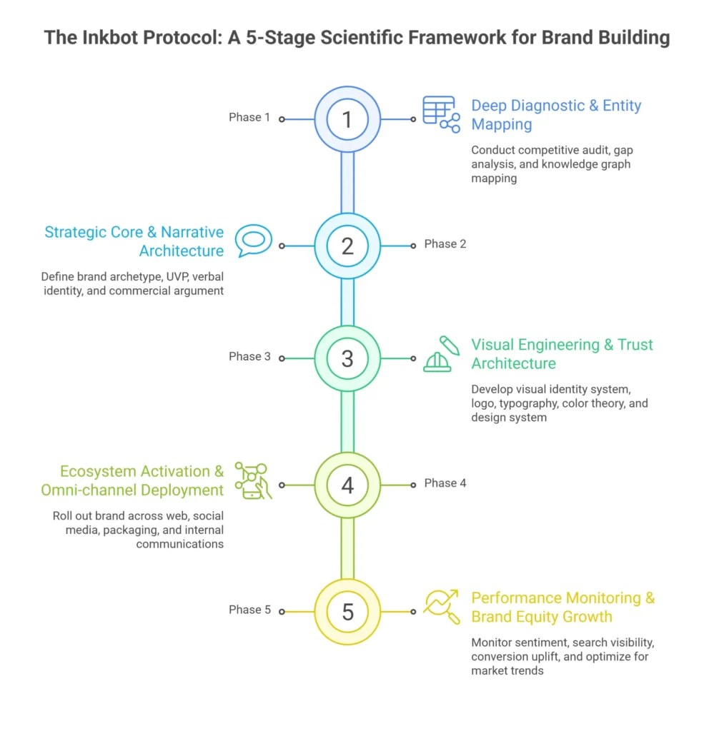 The Inkbot Protocol: A 5-Stage Scientific Framework For Brand Building Infographic Showing A Timeline Of 5 Color-Coded Phases.