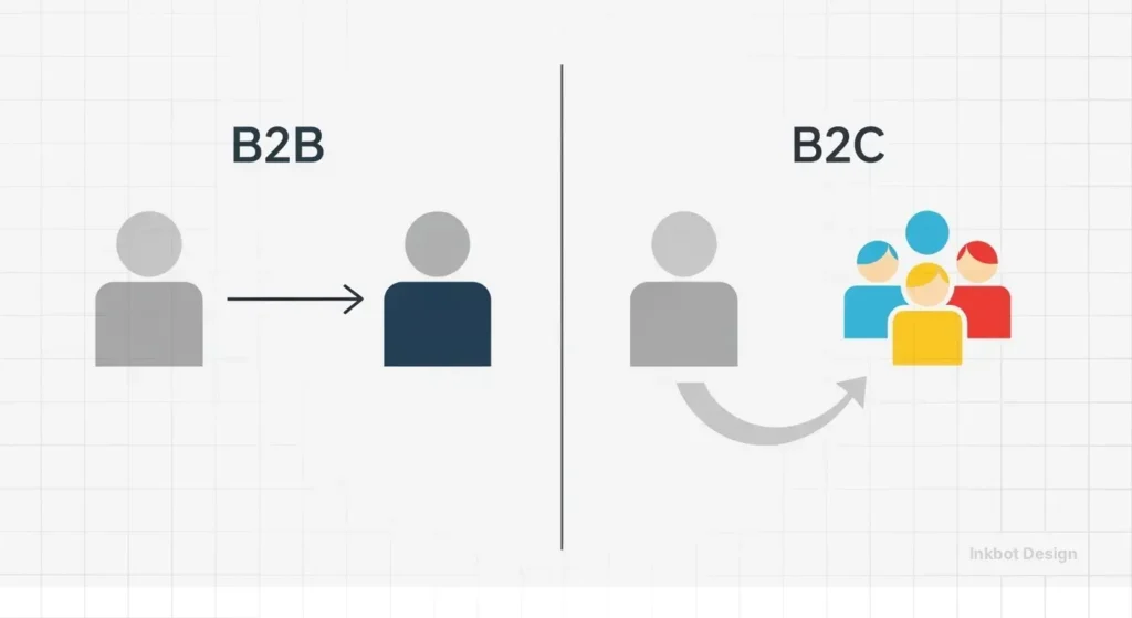 B2B To B2C Diagram In Flat Vector Style Showing A Gray Single Figure Transitioning To Blue Figure And Colorful Figures.