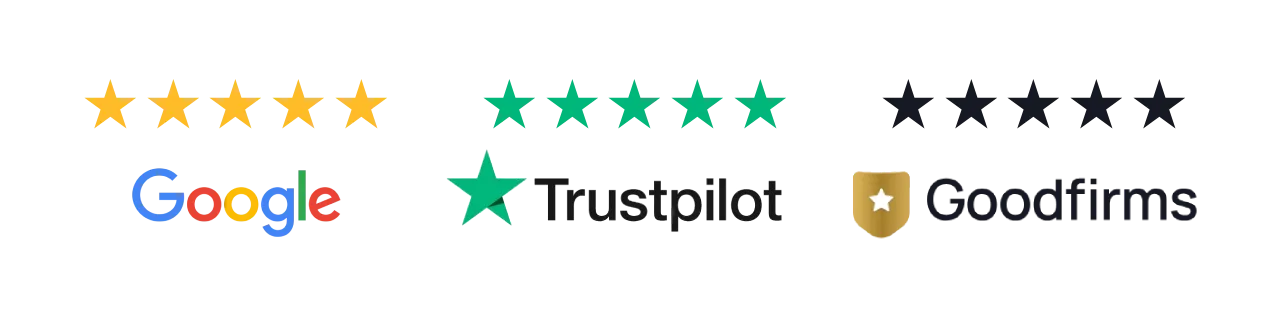 Five Yellow Stars, Five Green Stars, Five Dark Stars; Google Logo, Trustpilot Logo, And A Shield With A Star.