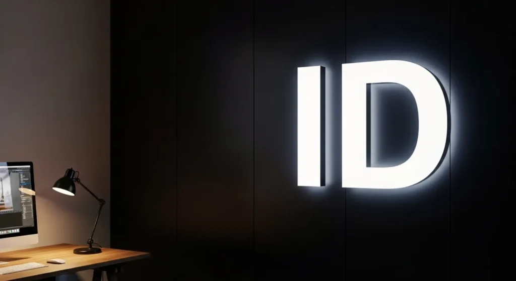 Id Logo Illuminated On A Dark Wall In A Modern Office, With A Wooden Desk, Computer Monitor, And Desk Lamp.