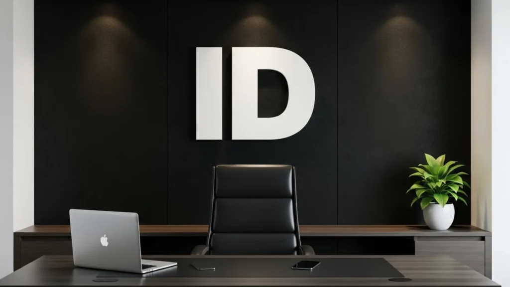 Macbook With Apple Logo On A Wooden Desk In A Modern Office, Large White Id Letters On A Black Wall, And A Potted Plant.