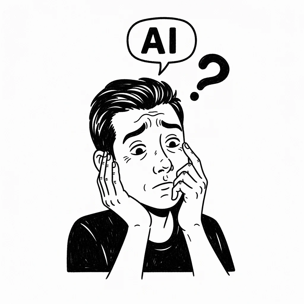 Ai Line Drawing Of A Thoughtful Man With Hands On Cheeks, A Speech Bubble Containing Ai And A Nearby Question Mark.
