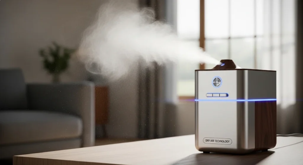 Dry Air Technology Humidifier With Metallic Body Releasing Mist In A Modern Living Room.