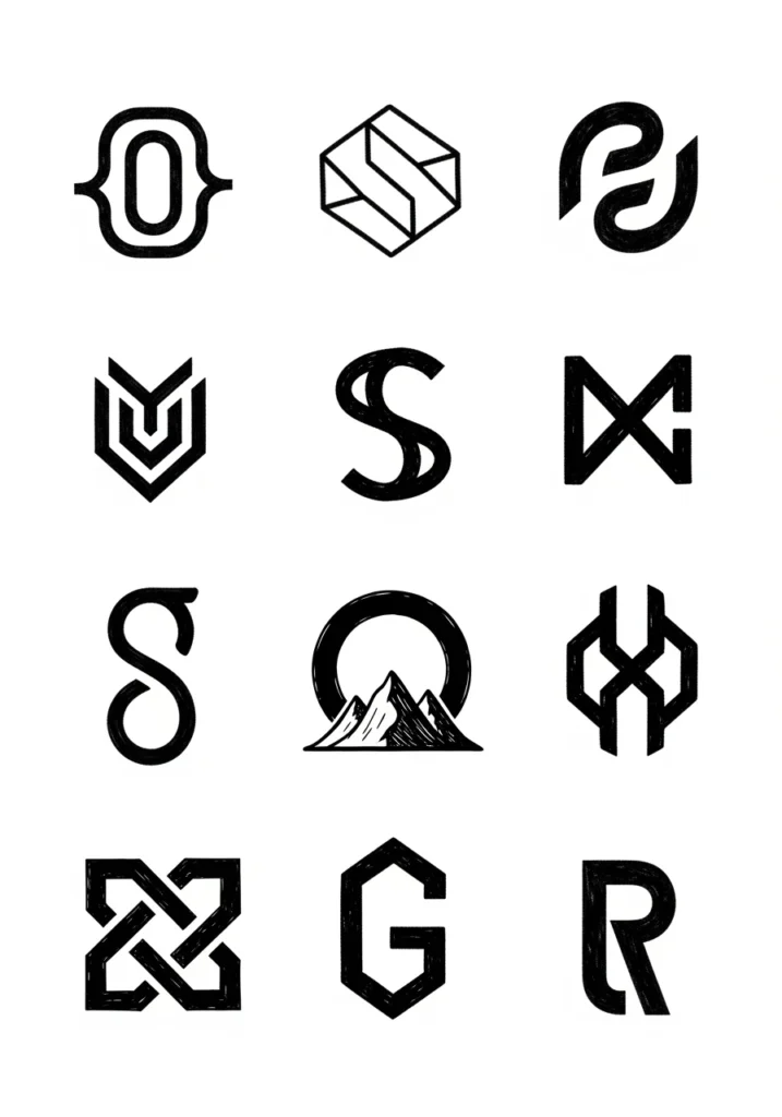 Brand Logos Grid Of 12 Black Abstract Emblems In A Geometric Minimalist Style, Arranged In A 4X3 Layout.